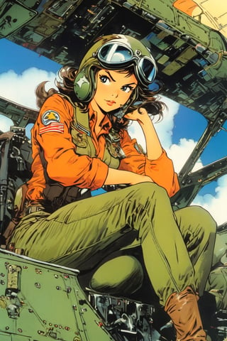 Anime Network, Female WW2 Pilot, bored expression, sitting inside fighter airplane, art by Masamune Shirow. Anime style, key visual, vibrant, studio anime