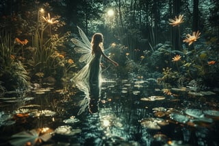 Close up photo of a ((water fairy)) gliding over a pond in a garden, reflections in the water, night scene. in the style of double exposure, Art Nouveau, long exposure, layered lines, chiaroscuro, absurdres, Long_Exposure ral-exposure, i 