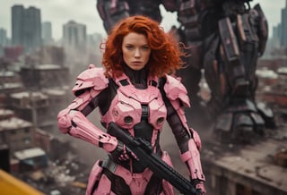 Overhead shot. A cinematic film still of a woman, wavy perm red hair, in a pink-powered armor suit, shooting at giant black mecha. 
BREAK
The heroine's armor is adorned with intricate designs and a retractable shroud, revealing her determination and strength. The background is a dystopian cityscape, with buildings crumbling and people caught in the crossfire. Style by J.C. Leyendecker. Canon 5d Mark 4, Kodak Ektar, 35mm 