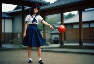  A cinematic film still of Sukeban Deka, wearing dark blue Sailor Fuku long skirt, punching with a toy yoyo in her hand, 80s Japanese Drama. Style by Masamune Shirow. Canon 5d Mark 4, Kodak Ektar, 35mm 