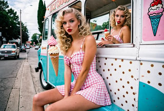  Dutch Angle. Closeup photo of a blonde woman, wavy permed hair, wearing mini dress, sitting astride, beside an ice cream truck. Style by J.C. Leyendecker. Canon 5d Mark 4, Kodak Ektar, 35mm 