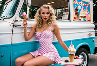  Dutch Angle. Closeup photo of a blonde woman, wavy permed hair, wearing mini dress, sitting astride, beside an ice cream truck. Style by J.C. Leyendecker. Canon 5d Mark 4, Kodak Ektar, 35mm 