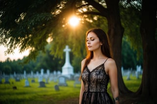 Photo.  Profile of a woman in a lace summer dress, She is looking upward with her eyes closed beside a tree.  Morning sun. Background is a cemetery