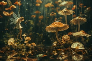 Close up photo of a ((earth fairy)) gliding over mushroom, reflections in the water, night scene. In the style of double exposure, Art Nouveau, long exposure, layered lines, chiaroscuro, absurdres, Long_Exposure ral-exposure, 