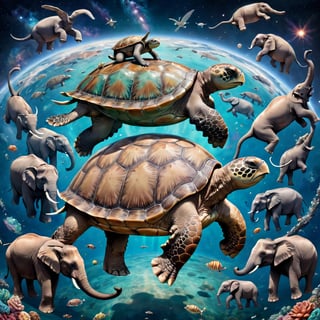 a gigantic turtle swimming through space. On the turtle’s back are elephants standing . Supported on the elephants’ backs is a large, intricate, flat world with visible oceans and continents