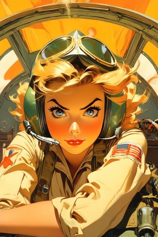 Anime Network, Female WW2 Pilot, bored expression, sitting inside fighter airplane, art by J.C. Leyendecker. Anime style, key visual, vibrant, studio anime