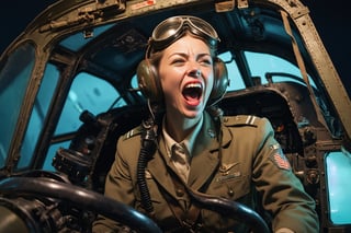 Photo, Female pilot, screaming, inside cockpit, ww2, canon 5d mark 4, neon light, kodak ektar, art by J.C. Leyendecker