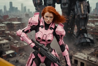 Overhead shot. A cinematic film still of a redhead in a pink-powered armor suit, shooting at giant black mecha. 
BREAK
The heroine's armor is adorned with intricate designs and a retractable shroud, revealing her determination and strength. The background is a dystopian cityscape, with buildings crumbling and people caught in the crossfire. Style by J.C. Leyendecker. Canon 5d Mark 4, Kodak Ektar, 35mm 