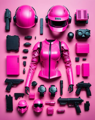 Barbie doll, cyberpunk, VR helmet and pink cyberpunk armor, laser gun , flat lay photography, object arrangement, knolling photography