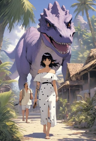 Anime artwork. woman with coiffed black hair, wearing a white off-shoulder dress with black dots, walking a pet dinosaur. The dinosaur is small, purple, and has a small horn on its head. They are walking in a prehistoric setting with primitive houses and palm trees in the background.