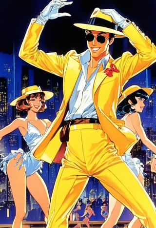 Anime artwork, Film still, Jim Carry as The Mask 1984, yellow fedora, yellow jacke, performing with dancing girls, night scene, art by J.C. Leyendecker