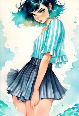 Anime Artwork, Watercolor painting, Woman, 18yo, Russian, Long black bob hair, Black eyes, Striped Flannel Culotte skirt, Ruffle sleeve blouse, Kitten heels, Ray Tracing, aqua hair, aqua eyes, (cleavage:1.5), open clothes at breasts,