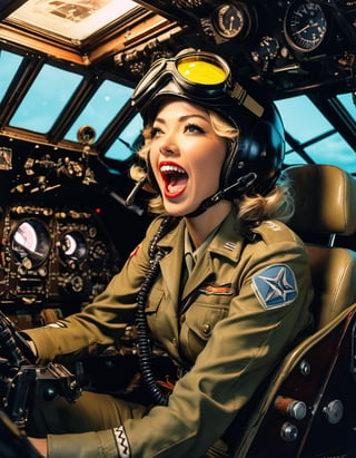 Photo,  Female pilot,  screaming,  inside cockpit,  ww2,  canon 5d mark 4,  neon light,  kodak ektar,  art by Masamune Shirow,  art by J.C. Leyendecker