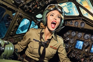 Photo,  Female pilot,  screaming,  inside cockpit,  ww2,  canon 5d mark 4,  neon light,  kodak ektar,  art by Masamune Shirow,  art by J.C. Leyendecker