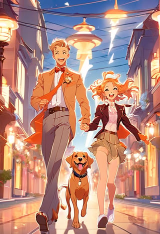 Anime Network,  Couple walking dog, laughing, art by J.C. Leyendecker, Anime style,  key visual,  vibrant,  studio anime