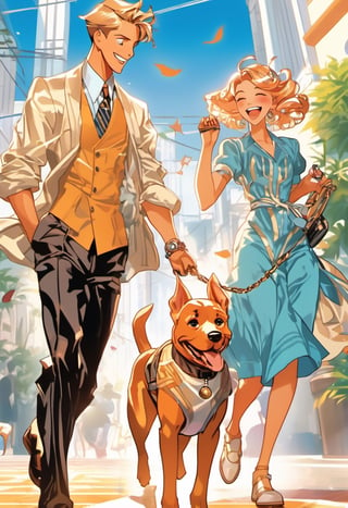 Anime Network,  Couple walking dog, laughing, art by J.C. Leyendecker, Anime style,  key visual,  vibrant,  studio anime