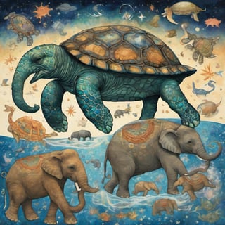 a gigantic turtle swimming through space. On the turtle’s back are elephants standing . Supported on the elephants’ backs is a large, intricate, flat world with visible oceans and continents,none