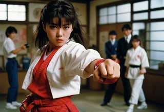  A cinematic film still of Sukeban Deka, punching with a yoy in her hand, 80s Japanese Drama. Style by Masamune Shirow. Canon 5d Mark 4, Kodak Ektar, 35mm 