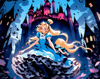 Alice in Wonderland, 1 woman, blonde straight hair serious stocking sit while floating in the air shadow dark pokers castle Detailed Gothic Dreamlike Fantasy manga line art flat gradient by Suiishida