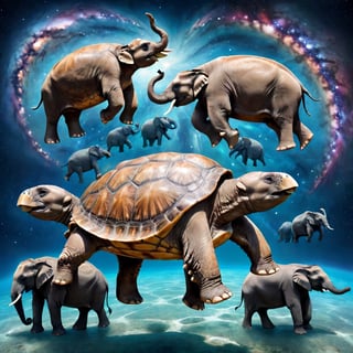 a gigantic turtle swimming through space. On the turtle’s back are four large elephants standing back to back and facing outwards with their tails touching. Supported on the elephants’ backs is a large, intricate, flat world with visible oceans and continents