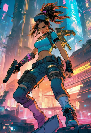 Anime artwork, Lara Croft,  wearing VR helmet,  hacking on a computer. cyberpunk 2077 cityscape, art by Masamune Shirow, art by J.C. Leyendecker, anime style, key visual, vibrant, studio anime, highly detailed