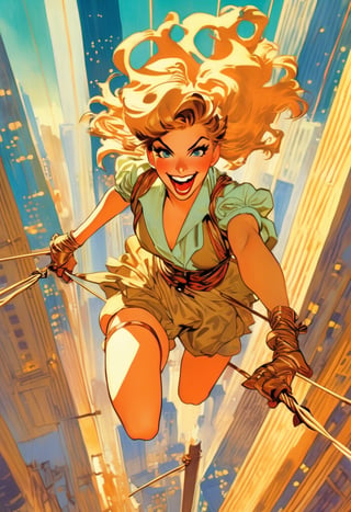 Anime Network,  woman tightrope walking on  skyscrapper,  laughing,  art by J.C. Leyendecker. Anime artwork,  anime style,  key visual,  vibrant,  studio anime,  highly detailed