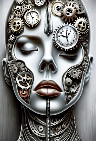 Surrealist art. Head of a female mannequin looking up. Her face is open zipper, clocks and intricate gears inside the face. hyper realistic photograph,  photo background,  cup,  realistic,  watercraft,  close-up,  holding,  water,  1girl . Dreamlike,  mysterious,  provocative,  symbolic,  intricate,  detailed,