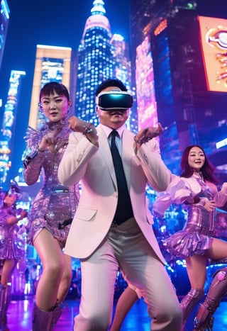 Psy,  wearing VR Headset,  Gangnam style,  performing with dancing K-pop girls,, top of bulding, night city, watching city, cyperpunk style, neon lighting, buildings, cyborg style,HZ Steampunk,cyborg style,cyborg,Movie Still,Film Still