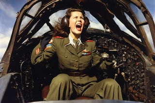 Photo, Female pilot, screaming, inside cockpit, ww2, canon 5d mark 4, kodak ektar, art by J.C. Leyendecker