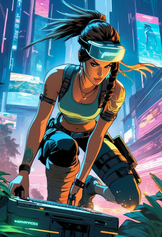 Lara Croft from Tomb Raider, wearing VR helmet, hacking on a computer. cyberpunk 2077 cityscape, art by Makoto Shinkai, art by J.C. Leyendecker