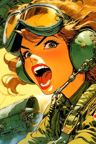 Anime Network, Female WW2 Pilot, bored expression, yawning, sitting inside fighter airplane, art by Masamune Shirow, art by J.C. Leyendecker. Anime style, key visual, vibrant, studio anime