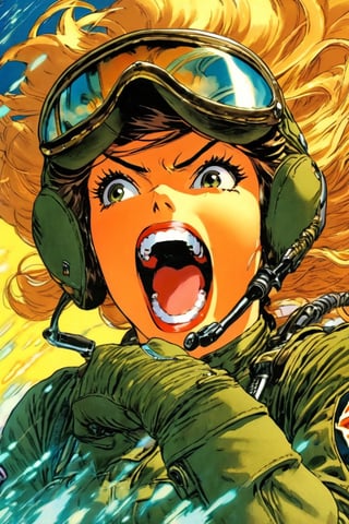 Anime Network, Female pilot, screaming, inside cockpit, ww2, art by Masamune Shirow. Anime style, key visual, vibrant, studio anime