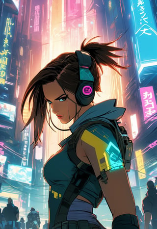 Anime artwork, Lara Croft,  wearing VR helmet,  hacking on a computer. cyberpunk 2077 cityscape, art by Makoto Shinkai, art by J.C. Leyendecker, anime style, key visual, vibrant, studio anime, highly detailed