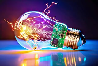 Lightbulb with circuit board and LED filament inside, lying on on shiny, reflective suprface, vibrant color, glowing electrical sparks flying, 3l3ctronics