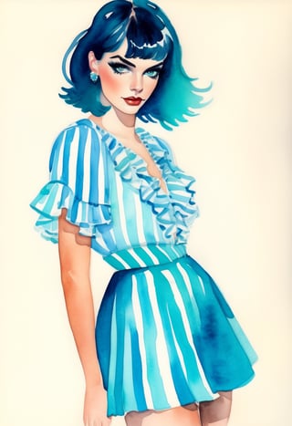 Watercolor painting, Woman, 18yo, Russian, Long black bob hair, Black eyes, Striped Flannel Culotte skirt, Ruffle sleeve blouse, Kitten heels, Ray Tracing, aqua hair, aqua eyes, (cleavage:1.5), open clothes at breasts,