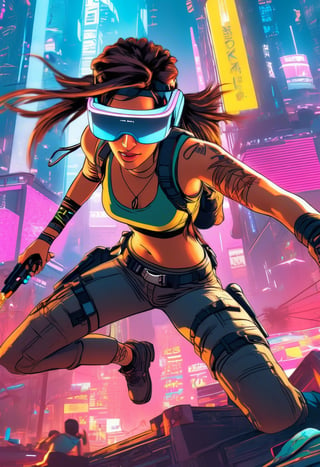 Lara Croft from Tomb Raider, wearing VR helmet, hacking on a computer. cyberpunk 2077 cityscape