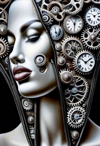 Surrealist art. Head of a female mannequin looking up. Her face is open zipper, clocks and intricate gears inside the face. hyper realistic photograph,  photo background,  cup,  realistic,  watercraft,  close-up,  holding,  water,  1girl . Dreamlike,  mysterious,  provocative,  symbolic,  intricate,  detailed,