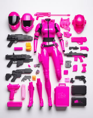 Toy box of Barbie doll, blonde hair, plastic body, cyberpunk, VR helmet and pink cyberpunk armor, laser gun , flat lay photography, object arrangement, knolling case, white background