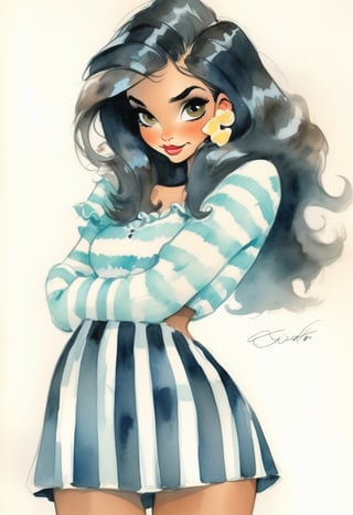 (masterpiece:1.4, best quality:1.4)woman, ,female Teenager, Well-defined, Russian, Dark brown eyes, Elongated Ears, Protruding Chin with Cleft, Soft Jaw, Symmetrical Cheeks, , Light Black (Soft Black) Long Bob hair, Amusement wearing Striped Flannel Culotte skirt, Ruffle sleeve blouse, Kitten heels, Standing with weight shifted to one leg, suggesting ease, Ray Tracing, watercolor,>(a holding machine gun), Ray Tracing, aqua hair, aqua eyes, (cleavage:1.5), open clothes at breasts,