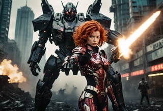  A cinematic film still of a woman with wavy permed red hair in apowered armor suit, shooting at giant black mecha. 
BREAK
The heroine's armor is adorned with intricate designs and a retractable shroud, revealing her determination and strength. The background is a dystopian cityscape, with buildings crumbling and people caught in the crossfire. Style by Masamune Shirow. Canon 5d Mark 4, Kodak Ektar, 35mm 