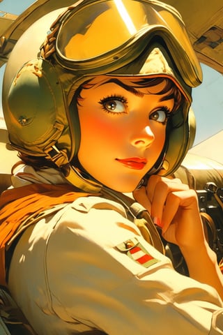 Anime Network, Female WW2 Pilot, bored expression, sitting inside fighter airplane, art by J.C. Leyendecker. Anime style, key visual, vibrant, studio anime