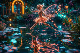 Close up photo of a ((water fairy)) gliding over a pond, reflections in the water, night scene. ral-exposure, in the style of double exposure, neon art nouveau, long exposure, wimmelbilder, layered lines, neonpunk, chiaroscuro, best quality, masterpiece, highres, absurdres, incredibly absurdres, huge filesize, wallpaper, colorful,8K,RAW, Style by J.C. Leyendecker. Canon 5d Mark 4, Kodak Ektar, 35mm,Long_Exposure 