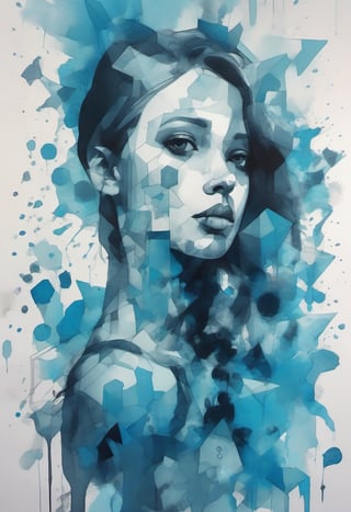 Girl in the style of cyan and blue, inkblots, made of crystals, juxtapositions extraordinaire, geometric animal figures, ink and wash, redshift