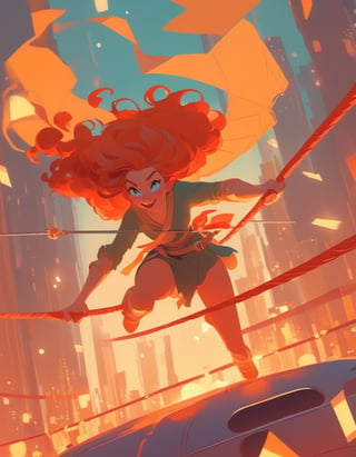 Woman, ginger tightrope walking, holding long pole with both hands, on top of airplane, art by Atey Ghailan, rossdraws global illumination, a storybook illustration. 