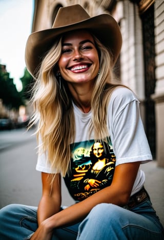 Candid Street photo. Shot from the ground up of a happy blonde woman, cowboy hat, natural relaxed pose, sitting on the pavement, wearing a T-Shirt with Mona Lisa. Style by J.C. Leyendecker. Canon 5d Mark 4, Kodak Ektar, 35mm
BREAK
Candid street photography. Shot from the ground a cheerful blonde woman, cowboy hat, sitting casually on the pavement in a relaxed pose, wearing a T-shirt featuring the Mona Lisa.
BREAK
Casual street scene. A happy blonde woman captured from ground, cowboy hat, sitting naturally on the pavement in a T-shirt adorned with the Mona Lisa, exuding a relaxed vibe.
BREAK
Street candid shot. A blonde woman in cowboy hat Shot from the ground, sitting comfortably on the pavement, radiating happiness in a Mona Lisa T-shirt.
BREAK
Candid street photo. shot from below A cheerful blonde woman, cowboy hat, sitting on the pavement in a natural, relaxed manner, wearing a T-shirt with the Mona Lisa on it.
BREAK
Urban candid photo. Below angle of a happy blonde woman, cowboy hat, sitting relaxed on the pavement, sporting a T-shirt with a Mona Lisa print.