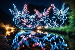 A group of water faeries gliding over a pond, reflections in the water, night scene. ral-exposure, in the style of double exposure, neon art nouveau, long exposure, 