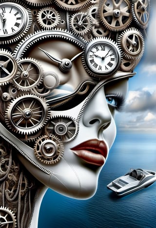 Surrealist art. Head of a female mannequin looking up. Her face is open zipper, clocks and intricate gears inside the face. hyper realistic photograph,  photo background,  cup,  realistic,  watercraft,  close-up,  holding,  water,  1girl . Dreamlike,  mysterious,  provocative,  symbolic,  intricate,  detailed,