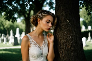 Photo.  Profile of a woman in a lace summer dress, She is looking upward with her eyes closed beside a tree.  Background is a cemetery. Style by J.C. Leyendecker. Canon 5d Mark 4, Kodak Ektar, 35mm