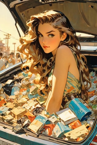 anime artwork, open trunk of a car, filled with trash, Woman, long hair, art by J.C. Leyendecker, anime style, key visual, vibrant, studio anime, highly detailed,LaxpeintXL,ClassipeintXL