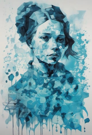 Girl by Va Gogh, cyan and blue, inkblots, made of crystals, juxtapositions extraordinaire, geometric animal figures, ink and wash, redshift,v0ng44g